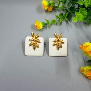 Vintage Gold Leaf and White Square Stud Earrings